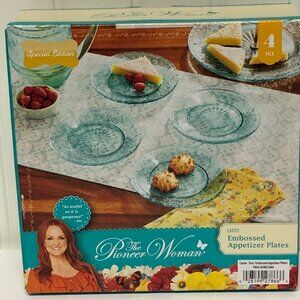 Pioneer Woman Cassie Appetizer Dessert Plates Teal Embossed Glass 4pk 6.35"dia